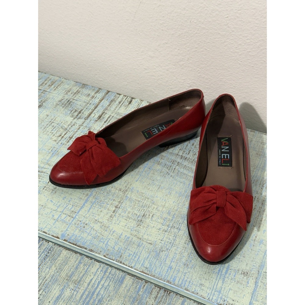 Van Eli Italy Vintage Red Leather Suede Bow Pumps Women's 6.5M - Picture 2 of 12